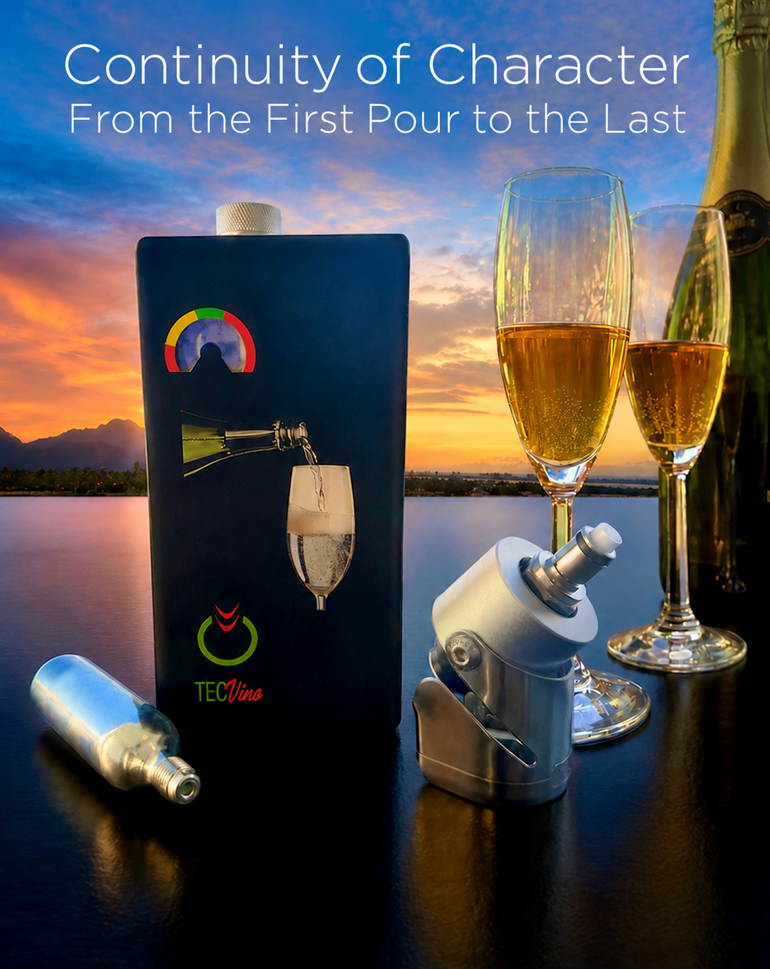 TecVino sparkling wine preservation system with champagne at sunset